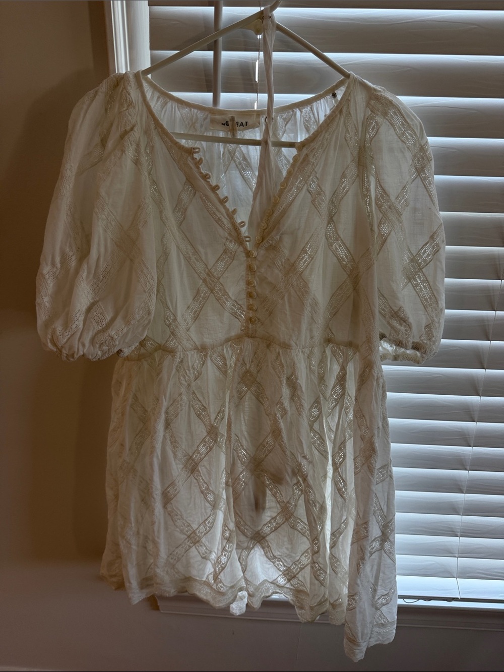 THE GREAT. Cream Lace-Trim Peasant Tunic